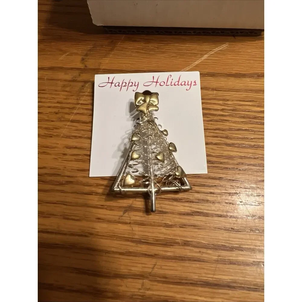Happy Holidays Christmas Tree Brooch Pin, Gold Color w/ Gold Hearts.